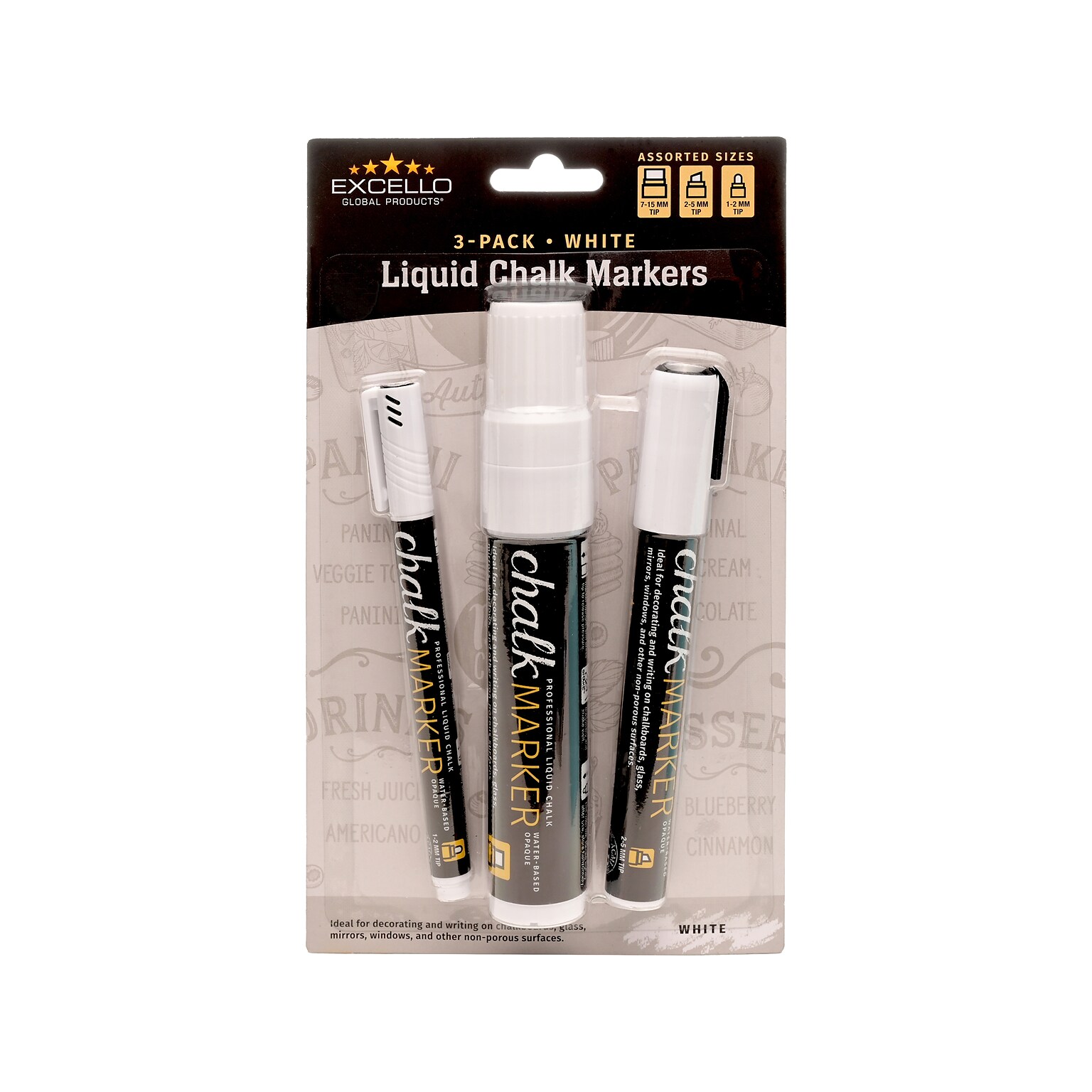 Excello Global Products Washable Chalk Markers, Assorted Tips, White, 3/Pack (EGP-HD-0511-S)