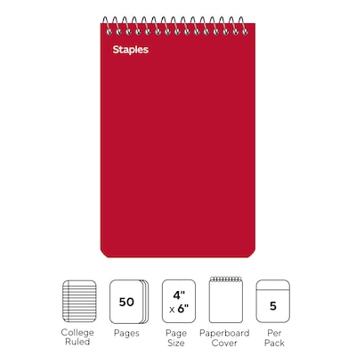 Staples Memo Pad, 4 x 6, College Ruled, Assorted Colors, 50 Sheets/Pad, 5 Pads/Pack (ST11494N)
