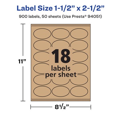 Avery Laser/Inkjet Oval Multipurpose Labels, 1.5" x 2.5", Kraft Brown, 900 Labels/Box ( 94051)