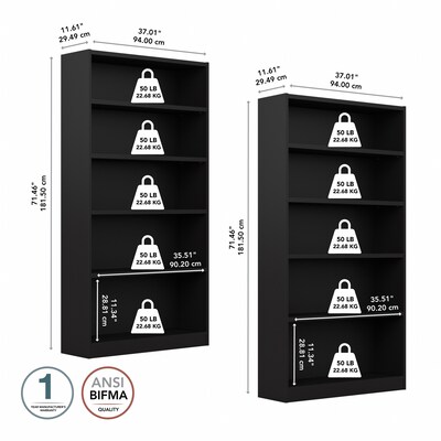Bush Furniture Universal 72"H 5-Shelf Bookcase with Adjustable Shelves, Classic Black, 2/Set (UB003BL)