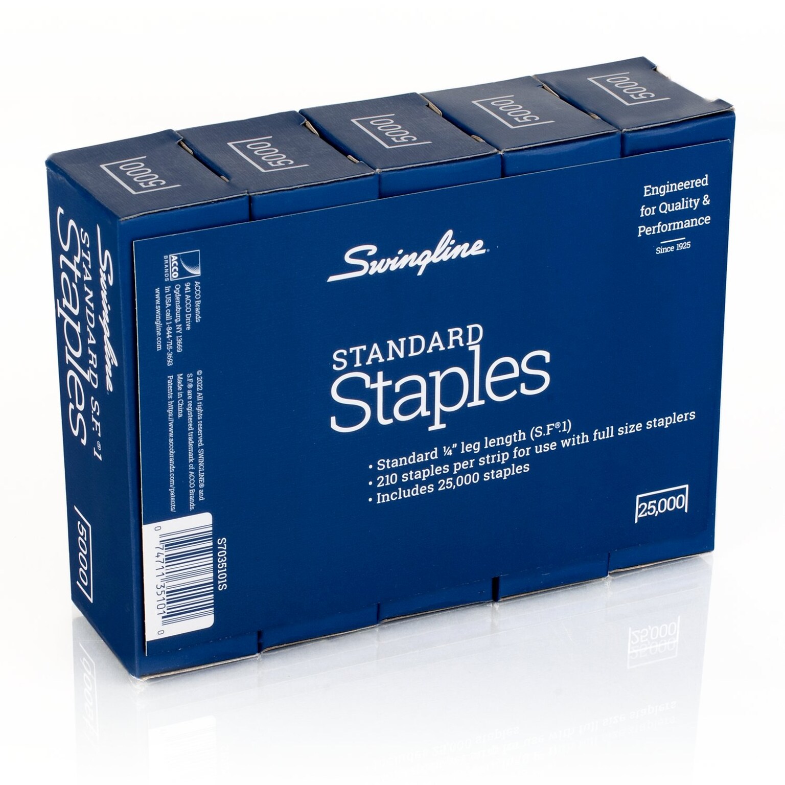 Swingline Standard Staples, 0.25 Leg Length, 5000 Staples/Box, 5 Box/Pack (S7035101S)