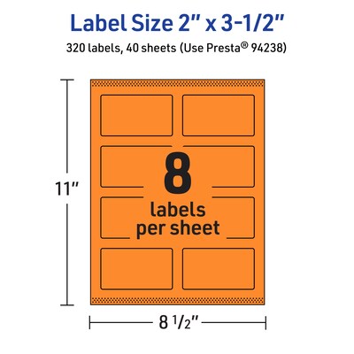 Avery Laser/Inkjet Multipurpose Rectangle Labels, 2" x 3.5", Bright Orange, 320/Pack (94238)