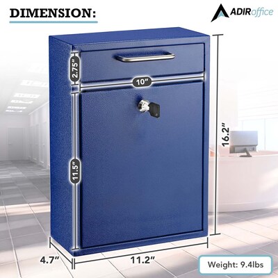 AdirOffice Steel Large Wall Mounted Drop Box Interoffice Mailbox, Key Lock, Blue (631-04-BLU-PKG)