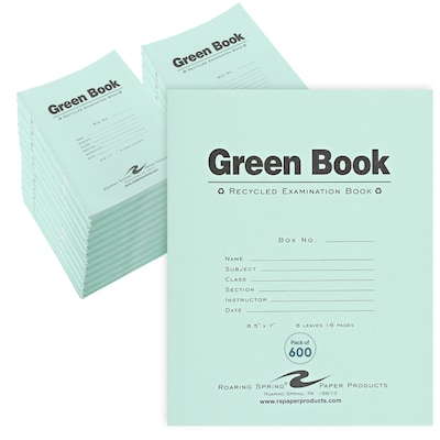 Roaring Spring Paper Products Exam Notebooks, 7 x 8.5, Wide Ruled, 8 Sheets, Green, 600/Case (77508CS)