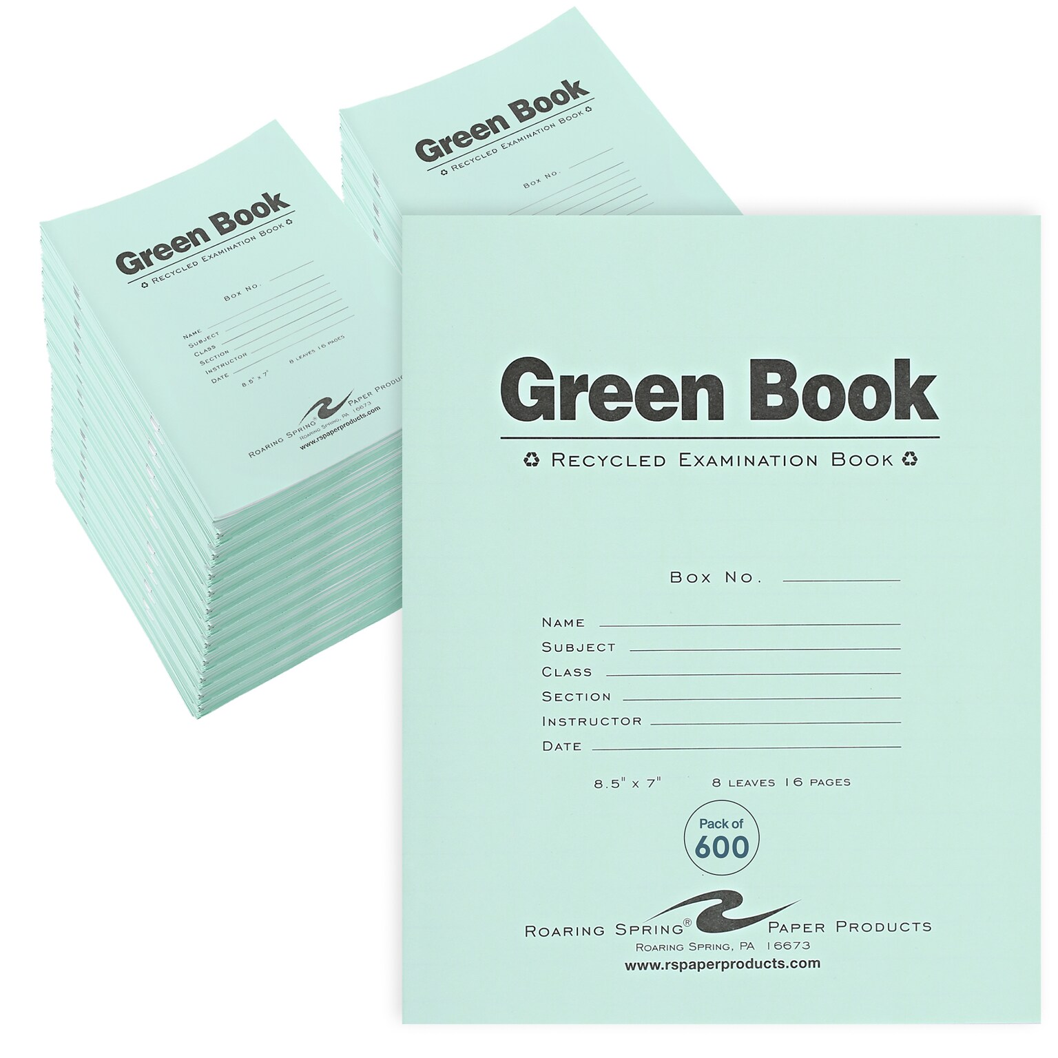 Roaring Spring Paper Products Exam Notebooks, 7 x 8.5, Wide Ruled, 8 Sheets, Green, 600/Case (77508CS)