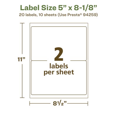 Avery EcoFriendly Laser/Inkjet Rectangle Multipurpose Labels, 5" x 8-1/8", White, 20/Pack (94259)