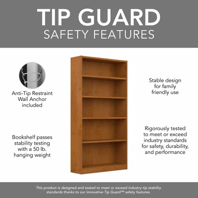 Bush Furniture Universal 72"H 5-Shelf Bookcase with Adjustable Shelves, Natural Cherry Laminated Wood (WL12467)