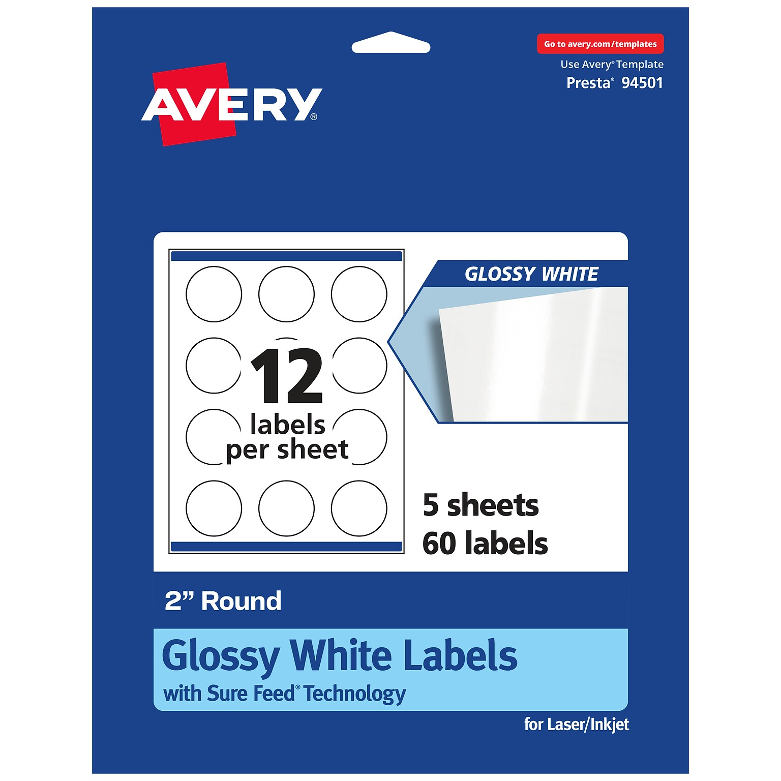 Avery Laser/Inkjet Round Multipurpose Labels, 2 Dia., White, 60 Labels/Pack (94501)