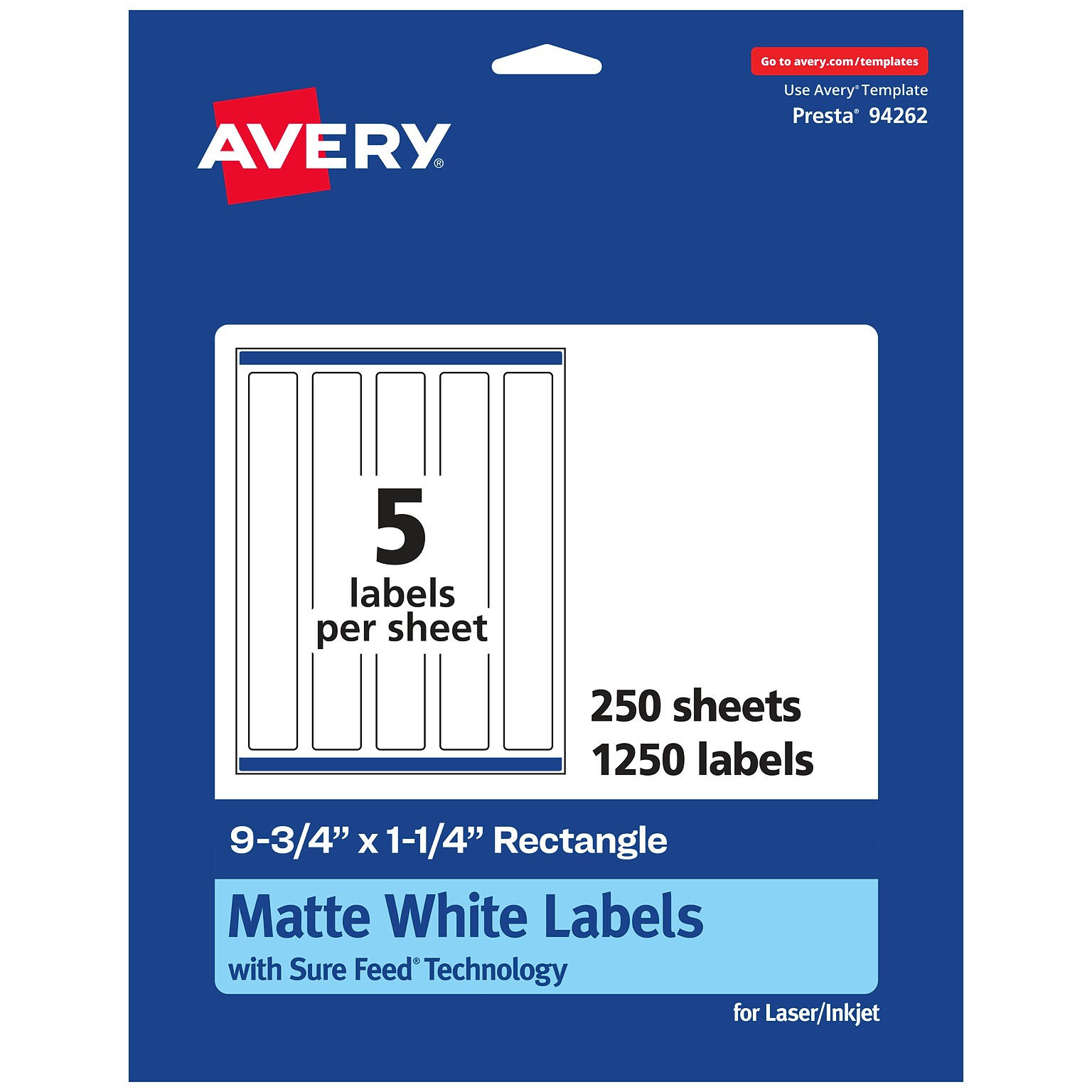 Avery Laser/Inkjet Multipurpose Labels, 1.25  x 9.75, Matte White, 1250/Box (94262)