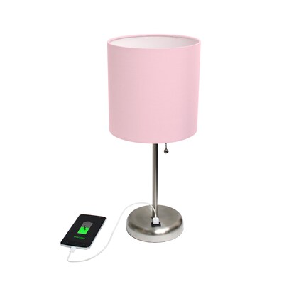 Creekwood Home Oslo 19.5" LED Table Lamp with USB Port, Brushed Steel/Light Pink Shade (CWT-2012-LP-LB)