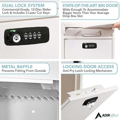 AdirOffice Steel Large Wall Mounted Interoffice Mailbox Drop Box, Combination Lock, White (631-04-WHI-KC)