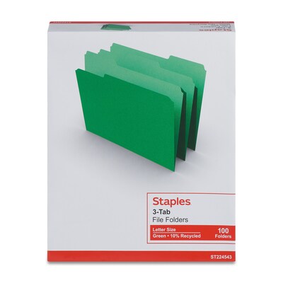 Staples File Folders, 1/3-Cut Tab, Letter Size, Green, 100/Box (ST224543-CC)