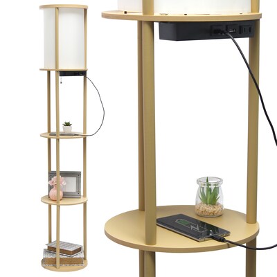 Simple Designs Etagere Organizer Storage 62.5" Floor Lamp with 2 USB Charging Ports and 1 Charging Outlet, Tan (LF2010-TAN)