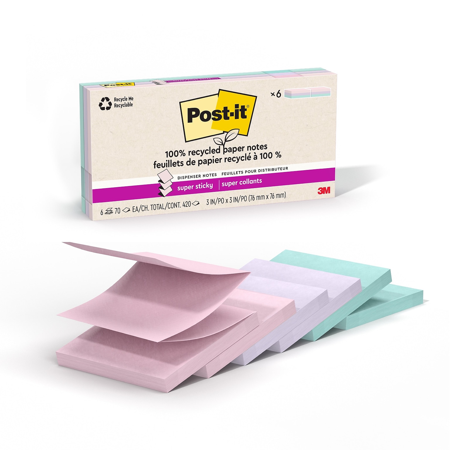 Post-it Wanderlust Pastels Recycled Pop-up Super Sticky Notes, 3 x 3, 70 Sheets/Pad, 6 Pads/Pack (R330R-6SSNRP)