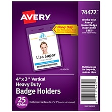 Avery Secure Top Heavy Duty Multiuse Badge Holders, 4 x 3, Clear Portrait Holders, 25/Pack (74472)