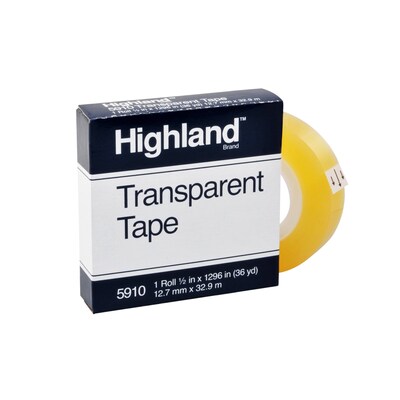 Highland Transparent Clear Tape, 0.50" x 36 yds., 1" Core (5910121296)
