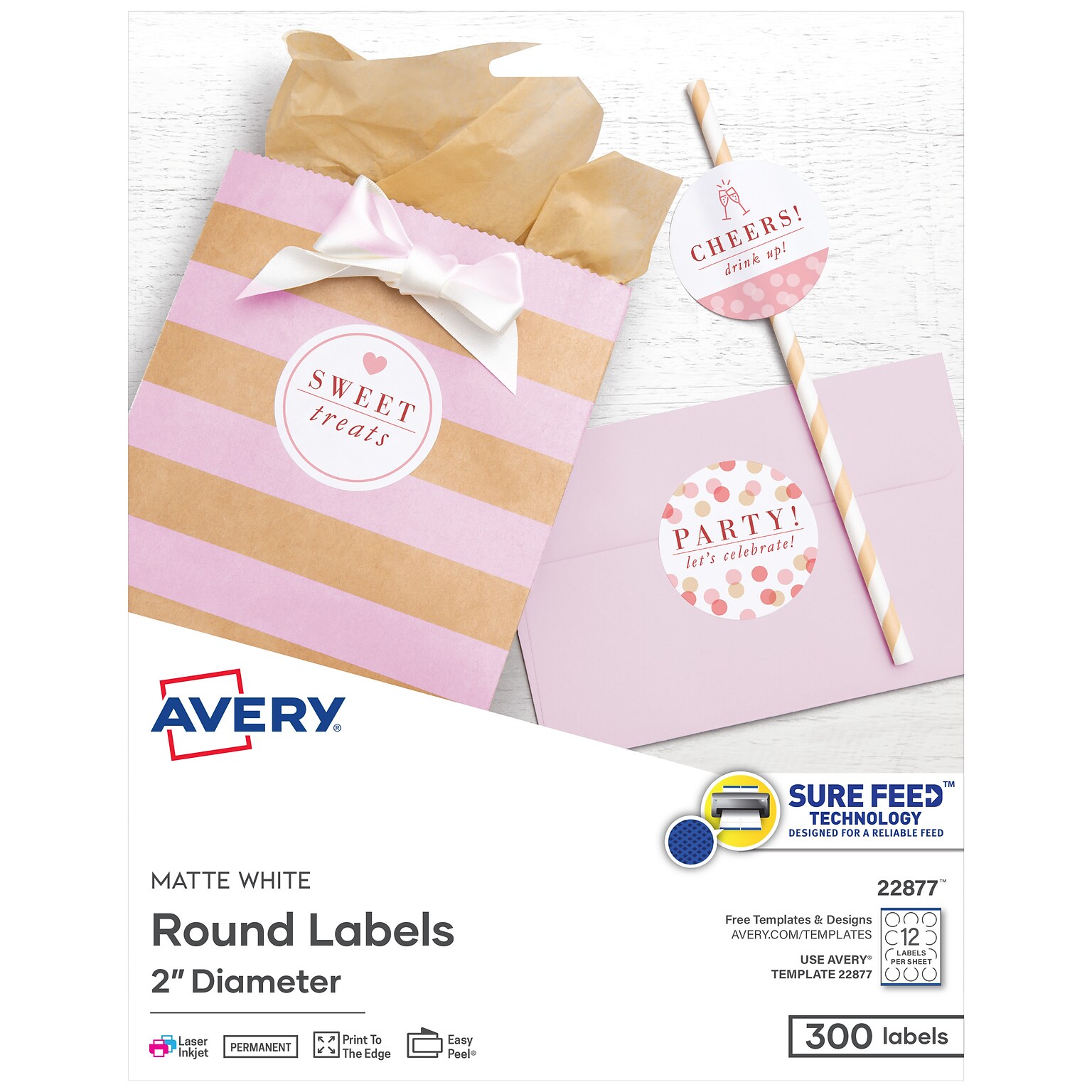 Avery Printable Round Labels with Sure Feed, 2 Dia, Matte White, 300 Labels/Pack (22877)