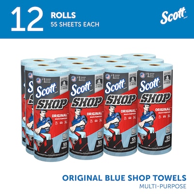 Scott Shop Original Paper Wipers, Blue, 55 sheets/Roll, 12 Rolls/Carton (75147)