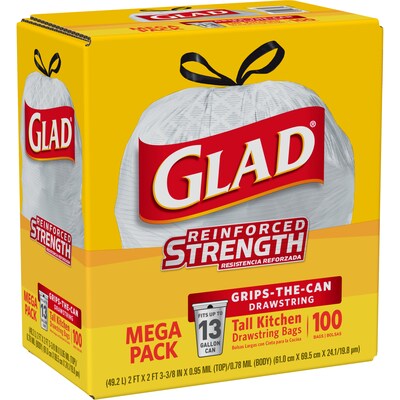 CloroxPro Glad ForceFlex 13 Gallon Tall Kitchen Trash Bag, 8.75" x 9.06", Low Density, .95 mil, White, 100 Bags/Box (CLO 78526)