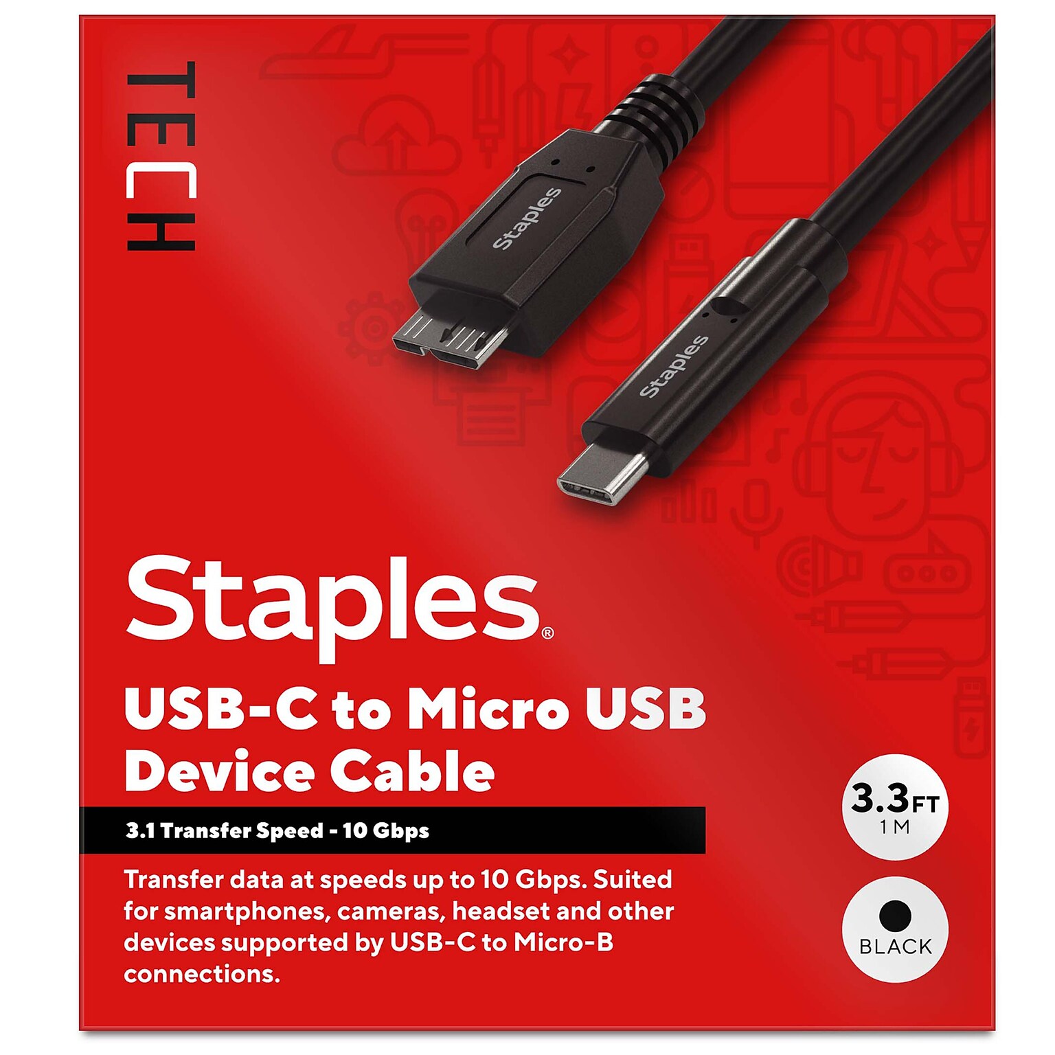 Staples TECH 3.3 ft. USB-C to Micro USB Type-B Audio/Video Cable, Male to Male, Black (ST62445)