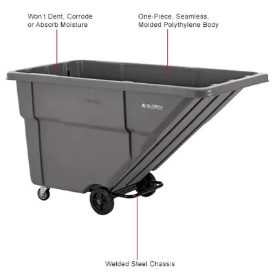Global Industrial Standard Duty Plastic Tilt Truck, 1 Cu. Yd. Capacity, 1000 Lbs. Capacity, Gray (501600)