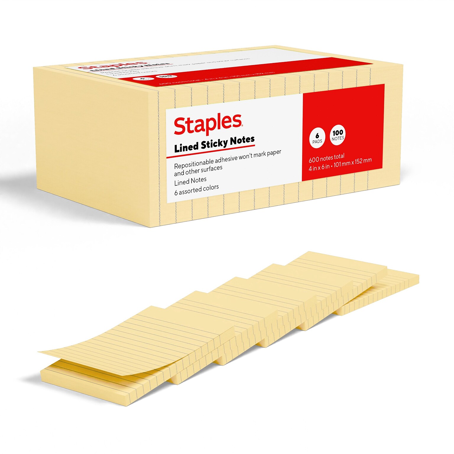 Staples Sticky Notes, 4 x 6, Sunshine Collection, Lined, 100 Sheets/Pad, 6 Pads/Pack (ST62872)