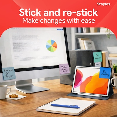 Staples Sticky Notes, 3" x 3", Marina Collection, 100 Sheets/Pad, 12 Pads/Pack (19758-US)