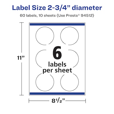 Avery Laser/Inkjet Circle  Waterproof Multipurpose Labels, 2.75"  Dia, White, 60/Pack (94512)