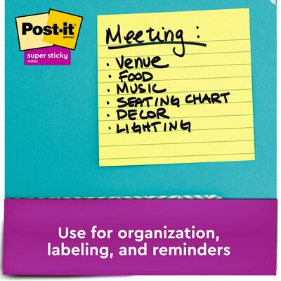 Post-it® Super Sticky Notes, 4" x 4", Canary Yellow, Lined, 90 Sheets/Pad, 12 Pads/Pack (675-12SSCP)