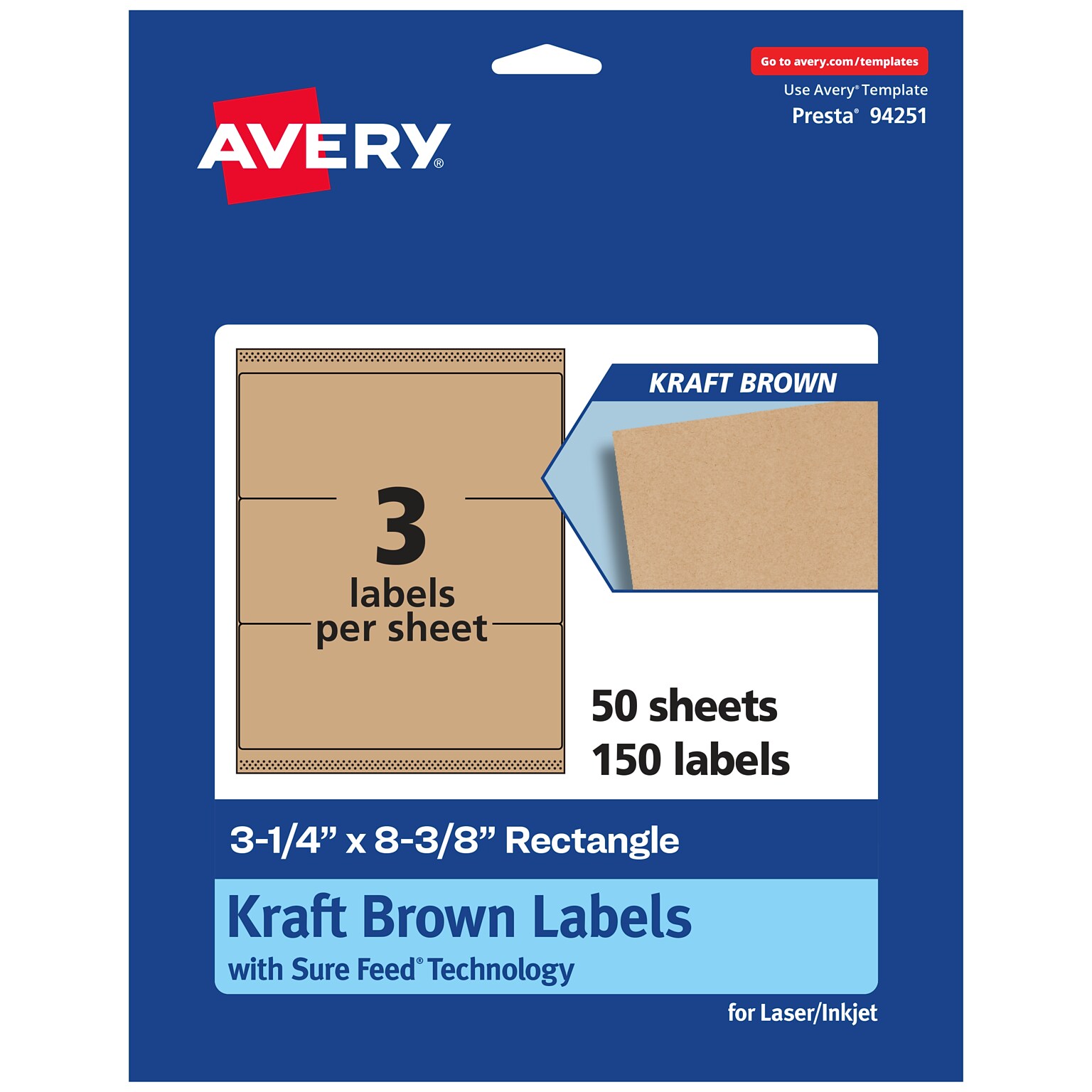 Avery Laser/Inkjet Rectangle Multipurpose Labels, 3-1/4 x 8-3/8, Kraft Brown, 150 Labels/Box ( 94251)