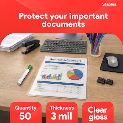 Staples Thermal Laminating Pouches, Letter Size, 3 Mil, 50/Pack (5200507/5200525)