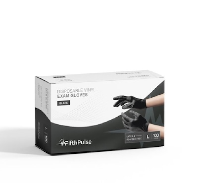 FifthPulse Powder Free Vinyl Exam Gloves, Latex Free, Large, Black, 100/Box (FMN100035)