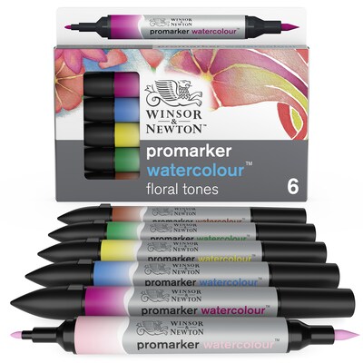 Winsor & Newton Promarker Dual-Tip Watercolor Alcohol Based Marker, Floral Tones, 6/Pack (WNX0290166)