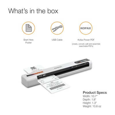 Epson RapidReceipt RR-70W Wireless Portable Document Scanner, White/Black (B11B253205)