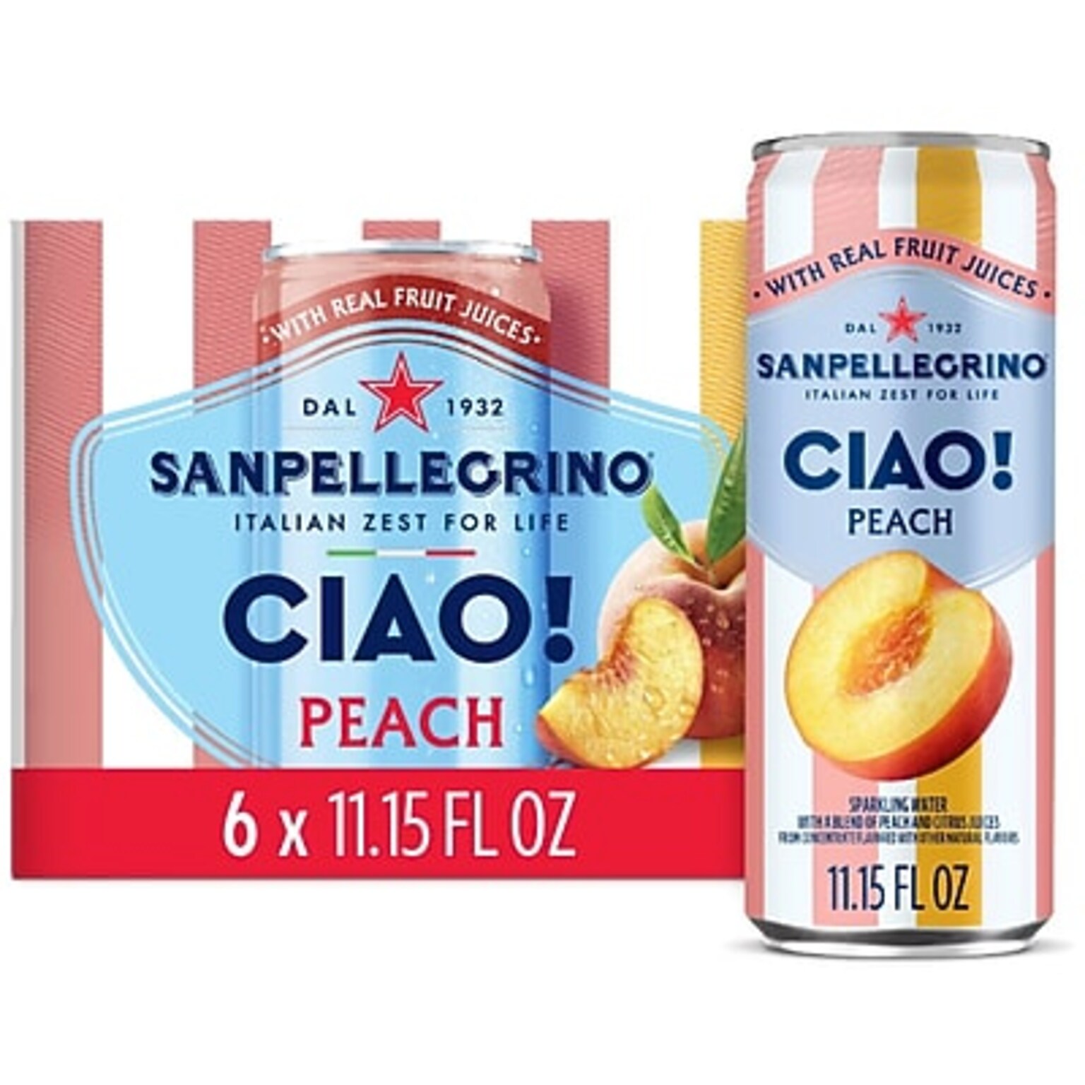 SANPELLEGRINO CIAO! Peach Flavored Sparkling Seltzer Water, 11.15 oz., 6 Cans/Box (0-41508-76547-3)