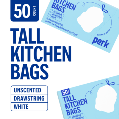 Perk™ 13 Gallon Kitchen Trash Bag, 28" x 24", Low Density, 0.9 mil, White, 50 Bags/Box (PK56745)