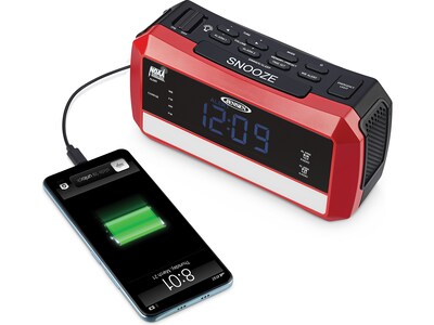 Jensen Wireless Digital AM/FM Alarm Clock Radio with NOAA Weather Alert, Emergency Light, and Built-in Flashlight, Red/Black