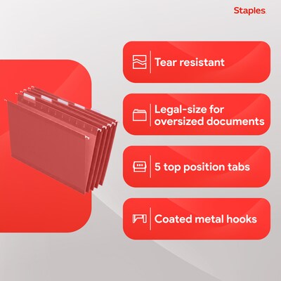 Staples® Hanging File Folders, 1/5-Cut Tab, Letter Size, Red, 25/Box (ST163535-CC)