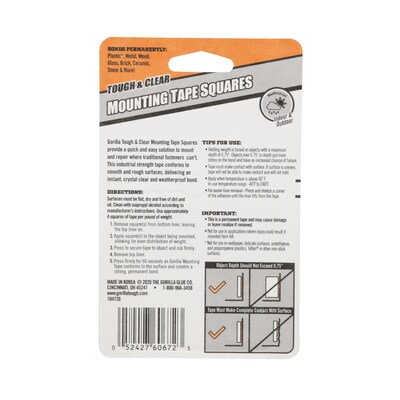 Gorilla Tough & Clear Double-Sided Mounting Tape Squares, 1 x 1, 24/Pack, Clear (6067202)
