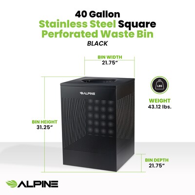 Alpine Industries Stainless Steel Trash Can, 40 Gallon, Black (ALP438-40-BLK-MK)