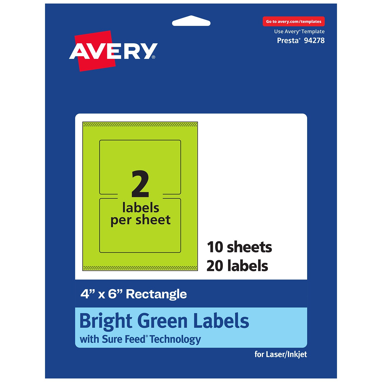 Avery Laser/Inkjet Multipurpose Rectangle Labels, 4 x 6, Bright Green, 20/Pack (94278)