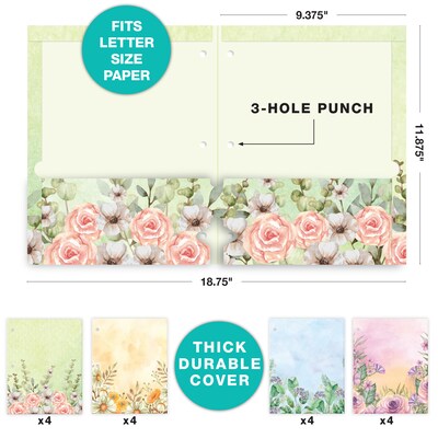 Global Printed Products Watercolor Floral 3-Hole Punched 2 Pocket Presentation Folder, Assorted Colors, 16/Pack (GPP-0100-E)