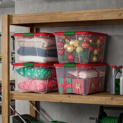 Iris Holiday Large Stackable Plastic Storage Box, 13" x 16.5" x 22", 54 Qt., Clear/Red, 4/Pack (500531)
