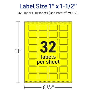 Avery Laser/Inkjet Rectangle Multipurpose Labels, 1" x 1.5", Neon Yellow, 320/Pack (94219)