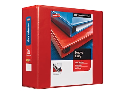 Staples Heavy-Duty 4-Inch D-Ring View Binder, Extra Large Capacity Holds Up to 800 Sheets, Red, for Office, School & Archiving
