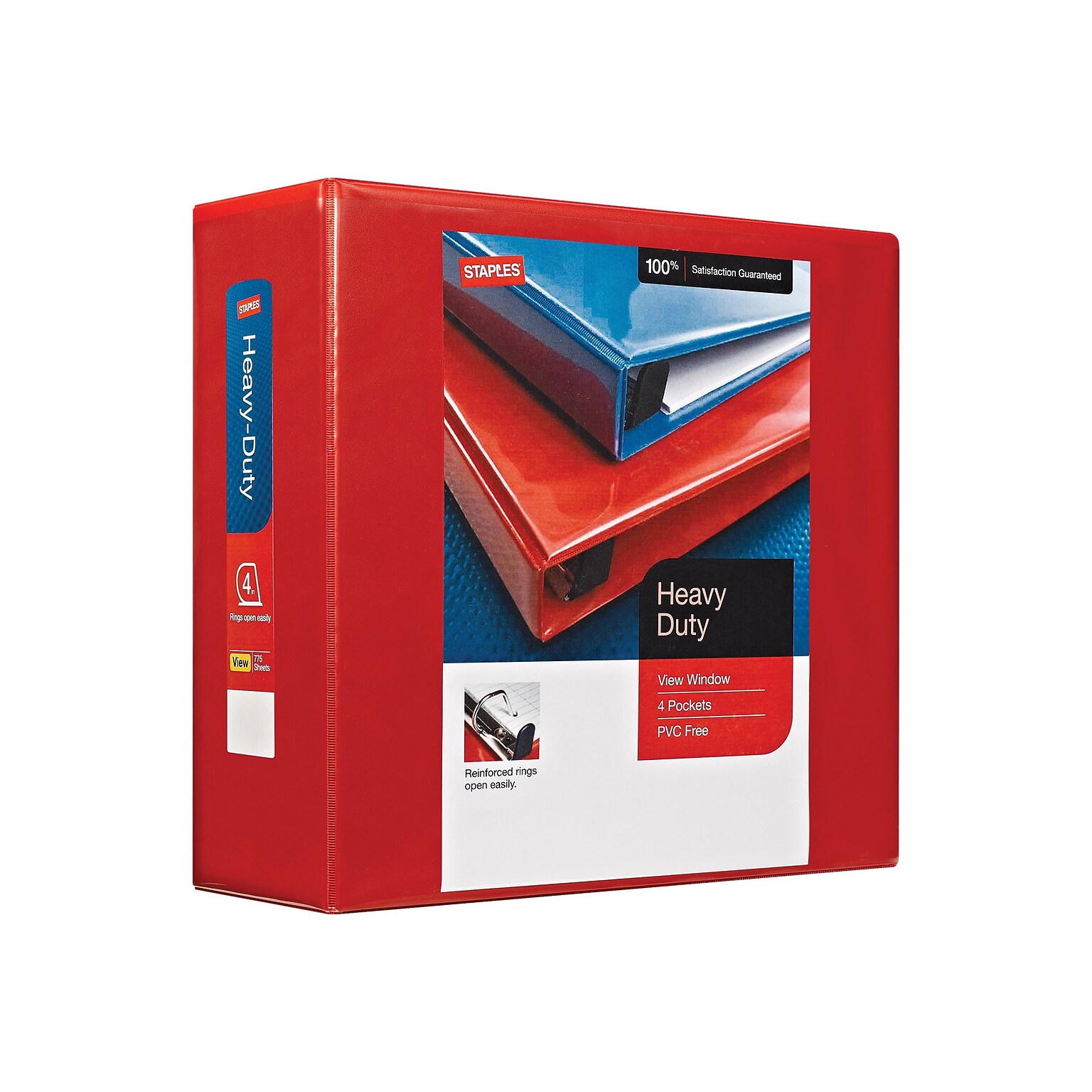 Staples Heavy-Duty 4-Inch D-Ring View Binder, Extra Large Capacity Holds Up to 800 Sheets, Red, for Office, School & Archiving