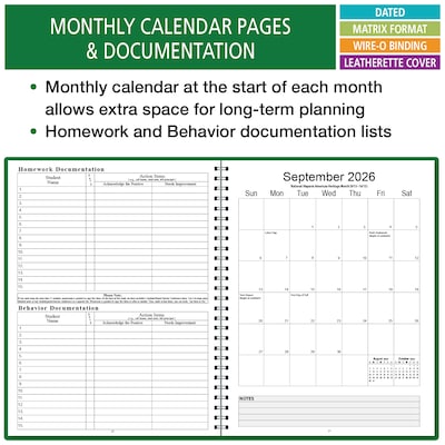 2026-2027 ELAN 8.5" x 11" Academic Weekly & Monthly Teacher Planner, Paperboard Cover, Green (D101-AY26)