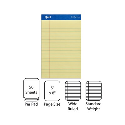 Quill Brand® Gold Signature Premium Series Legal Pad, 5x 8, Legal Ruled, Canary Yellow, 50 Sheets/