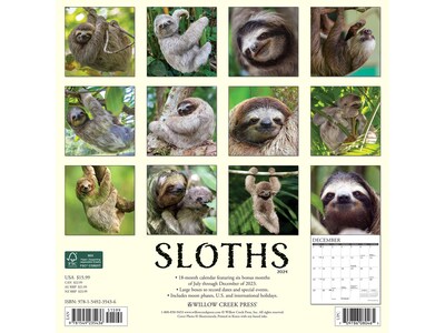 2024 Willow Creek Sloths 12 x 12 Monthly Wall Calendar (35436)