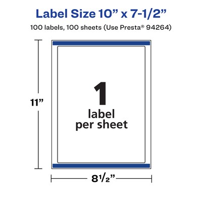 Avery Laser/Inkjet Rectangle Waterproof Multipurpose Labels, 7.5"  x 10", White, 100/Box (94264)